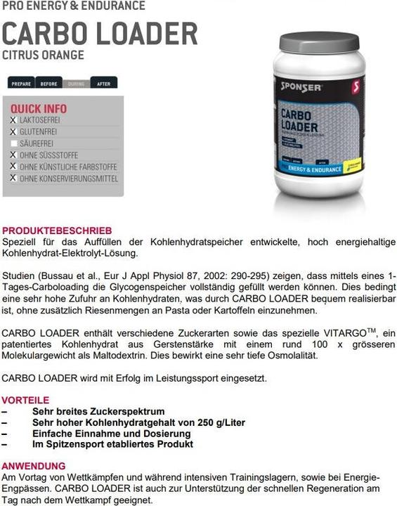 Nährwerte und Zutaten Sponser Carbo Loader (Zitrone, Orange, 1 Stk., 1200 g)
