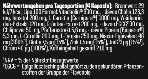 Nutritional values and ingredients Body Attack Lipo 100 (120 pcs.)