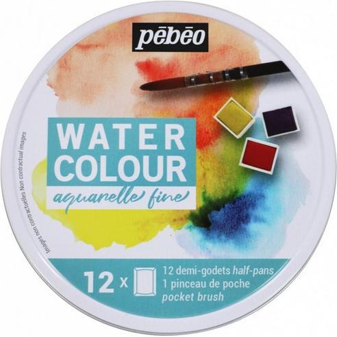 Pebeo, Künstlerfarbe + Bastelfarbe, Feine Aquarellfarben Runder Metallkasten: 12 Halbe Näpfchen