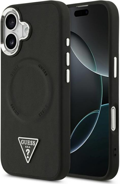 Image du produit Guess Case Magsafe PU Leather Case With Triangle Logo Silver Metal Camera Frame For iPhone 17 Black (Apple iPhone 17)