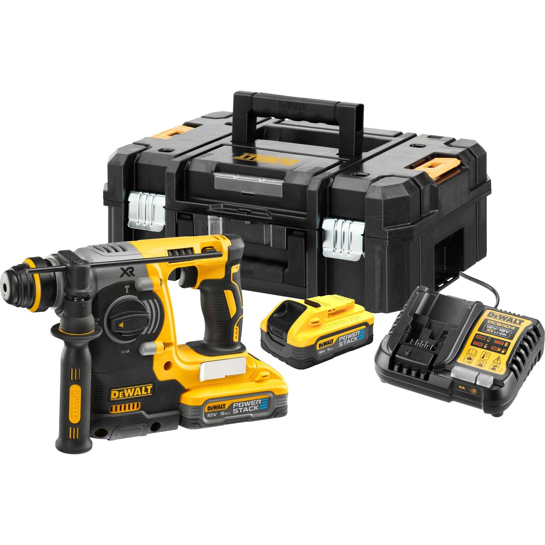 DeWalt, Trapano + Avvitatore a batteria, Martello combinato a batteria SDS-plus da 18V con batteria ricaricabile Powerstack 2x 5Ah