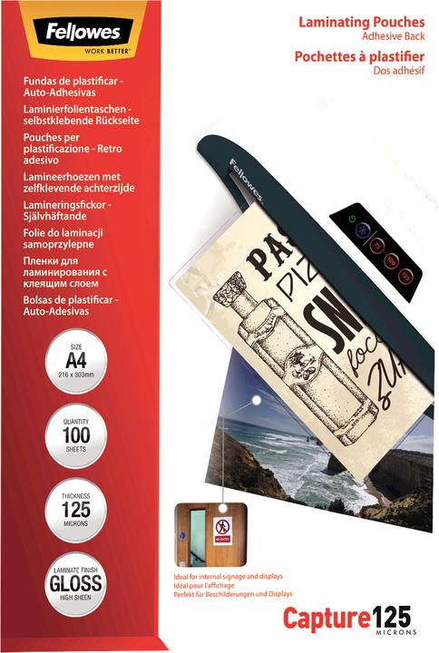 Fellowes auto-adhésif. Stratifié. A4, 125 mic (A4, 100 pièce(s), 125 µm)