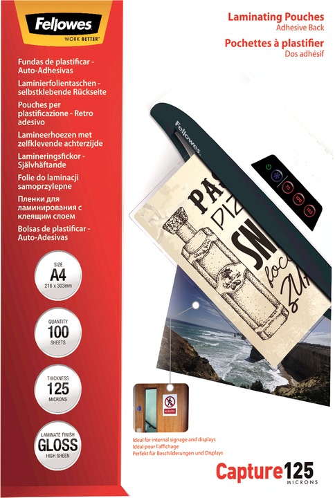 Image du produit Fellowes auto-adhésif. Stratifié. A4, 125 mic (A4, 100 pièce(s), 125 µm)