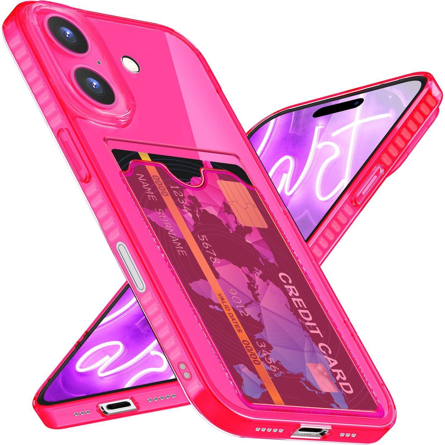 Nalia Klar Transparente Neon Silikon Hülle Kartenhalter (Apple iPhone 16 Plus), Smartphone Hülle, Pink