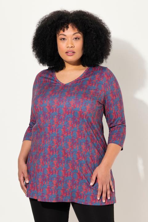 Produktbild Ulla Popken Longshirt, Batikmuster, A-Linie, V-Ausschnitt, 3/4-Arm (56)