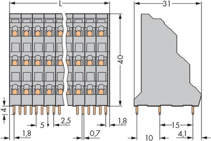 Actual product image Wago 737-206 Three-pin terminal strip for printed circuit boards 0.08-2.5 qmm grey