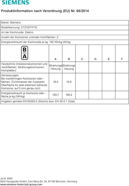 Immagine prodotto Siemens ET375FFP1E (30.20 cm, Piano cottura in vetroceramica)