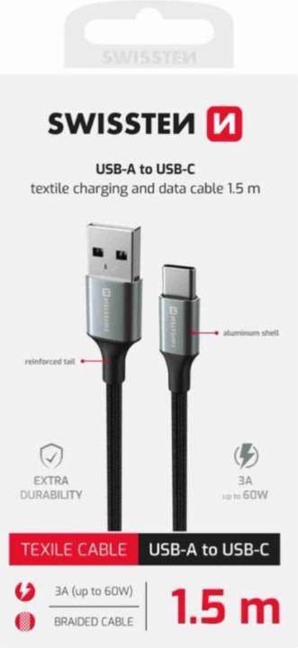 Produktbild Swissten Datenkabel Textil II USB / USB-C 1,5 M Schwarz (1.50 m, 60 W)