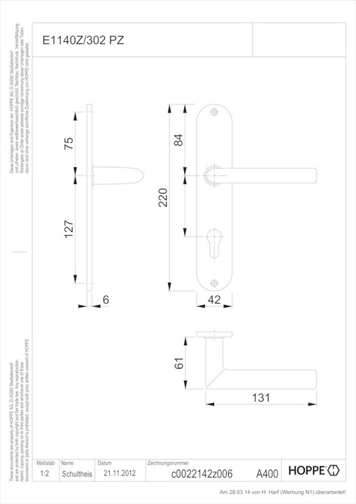 Produktbild Hoppe Langschildgarnitur Stockholm E1140Z/302 Edelstahl F69 PZ 72 mm DIN links / rechts (Türgriff)