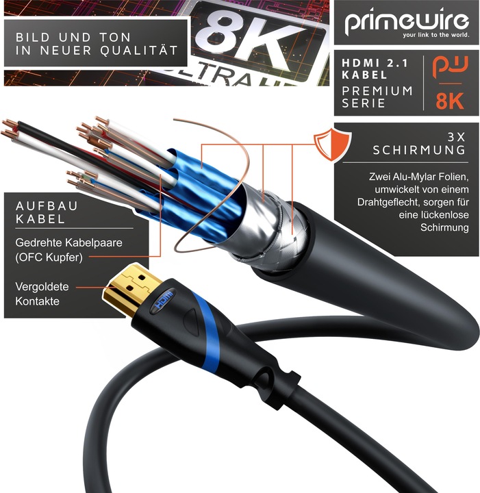 Immagine prodotto Primewire Cavo HDMI 2.1, tipo A, 8k @ 120Hz 4K @ 240Hz / 4k @ 240Hz con DSC, UHD, HDR, eARC, VRR, 48 Gbit/s (1 m, HDMI)