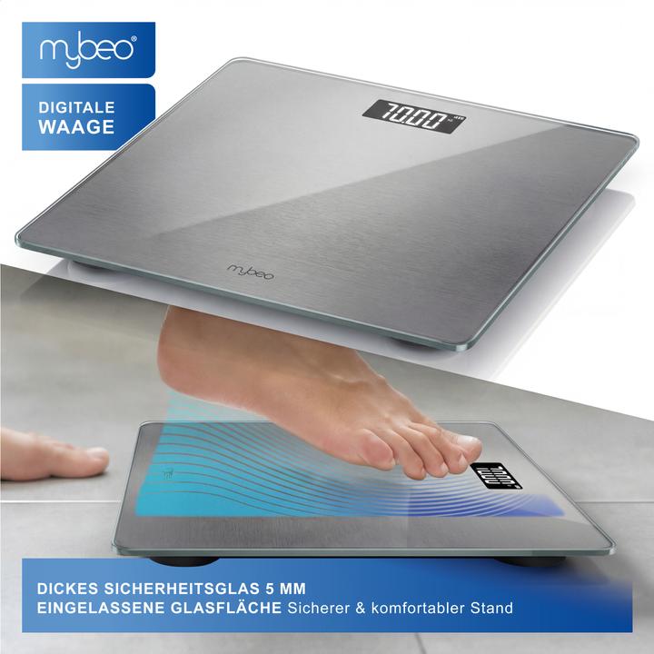 Actual product image Mybeo Personenwaage digital, Trittfläche aus 6mm Sicherheitsglas, max.180 kg Belastung, schmales Design (180 kg)