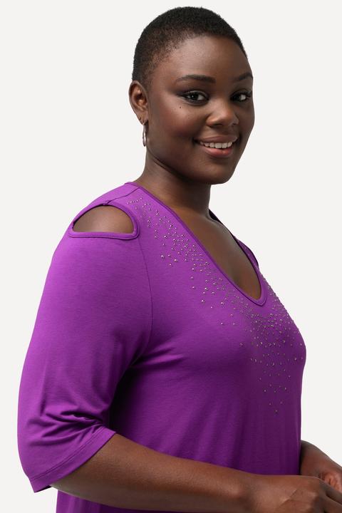 Actual product image Ulla Popken Rhinestone Detail 3/4 Sleeve Tee (50, 52)