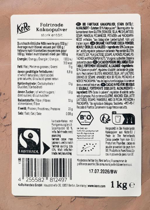 Nutritional values and ingredients KoRo Cocoa powder (1000 g)