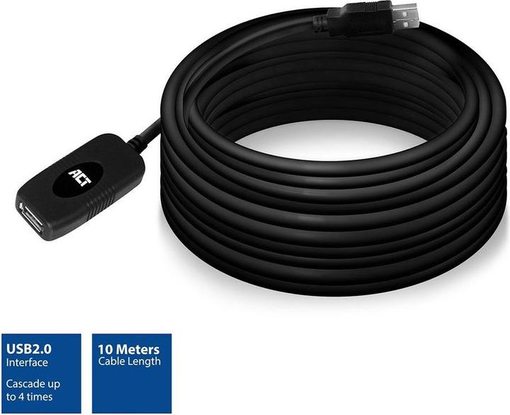 Image du produit ACT AC6010 Câble USB 10 m 2.0 USB A noir (10 m, USB 2.0)