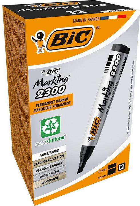 Productafbeelding Bic Markering 2300, Zwart, Beitelpunt, Zwart, Grijs, 3,1 mm, 5,3 mm, Spaanplaat, Glas, Metaal, Papier (12 x)