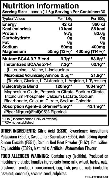 Valori nutrizionali e ingredienti Mutant Bcaa (Lampone, 1 pz., 348 g)