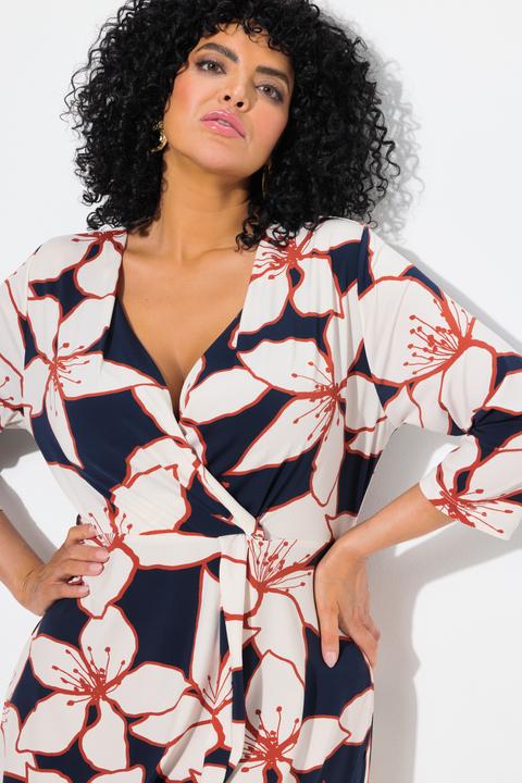 Actual product image Ulla Popken Flower Print 3/4 Sleeve Wrap Look Midi Dress (58)