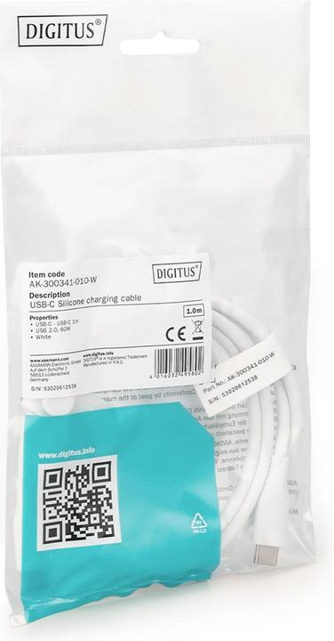 Produktbild Digitus USB-C Silikon Anschlusskabel, 0,5m, weiss (0.50 m, USB 2.0, 60 W)