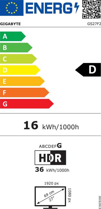 Energielabel Gigabyte GS27F2 27inch SS IPS Monitor 1920x1080 240Hz 300cd/m2 (1920 x 1080 Pixels, 27")