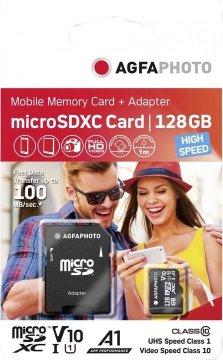 Actual product image AGFAPHOTO MicroSDXC UHS-I 128GB High Speed Class 10 U1 V10 (128 GB, microSDXC, U3, UHS-I)