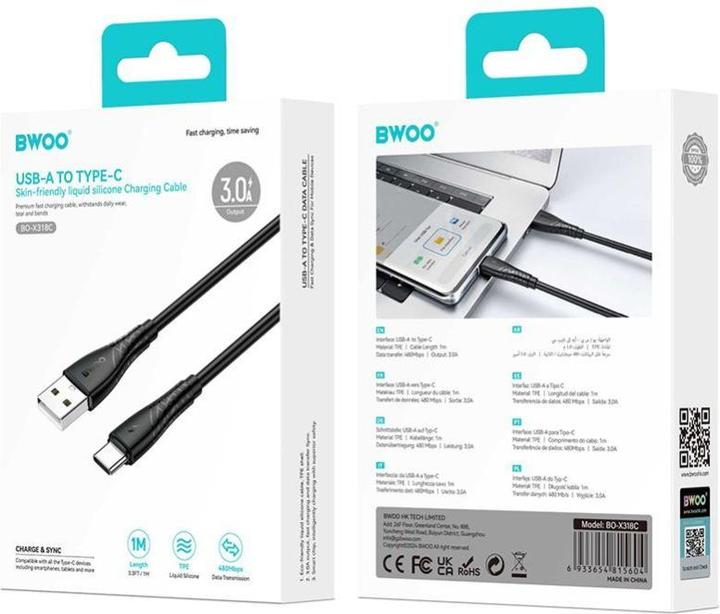 Actual product image Bwoo Cable USB - USB-C 1m 27W 3A Black BO-X318C (1 m, USB 2.0, 27 W)