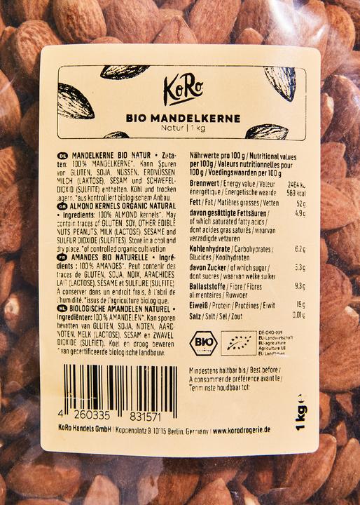 Nutritional values and ingredients KoRo Organic whole almond kernels, unpeeled (1000 g)