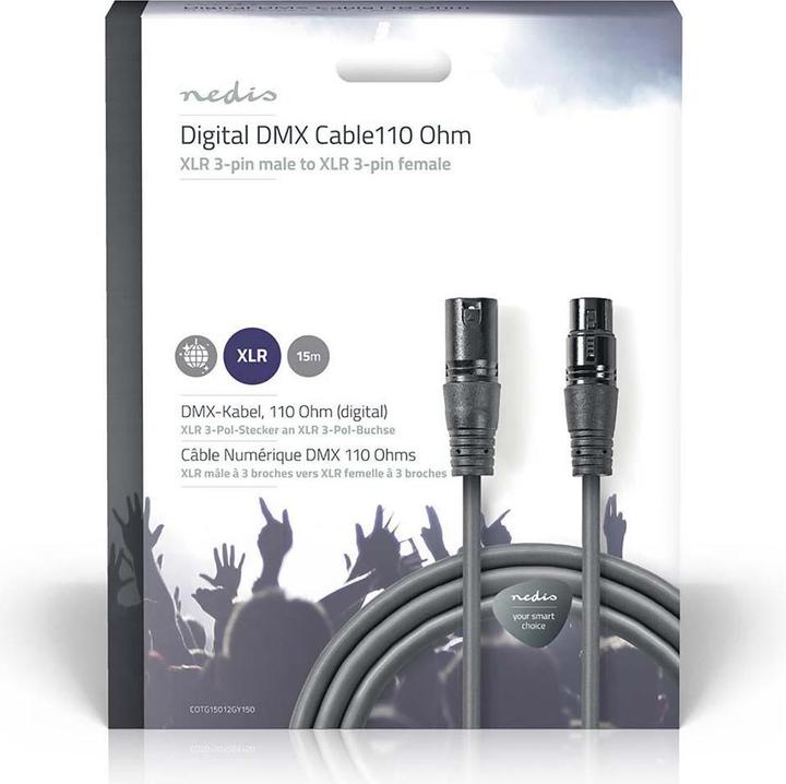 Actual product image Nedis DMX cable, 110 Ohm (digital) - XLR 3-pin male - XLR 3-pin female - 15 m - Grey (15 m, XLR Cables)