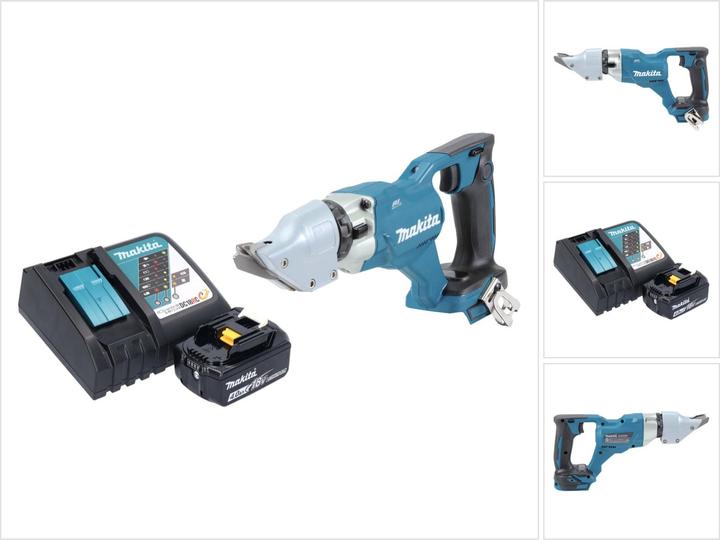 1x Makita DJS 200 Akku Blechschere, 1x Flachrundkopfschraube M4x12 (266622-8), 1x Einhängebügel (346317-0), 1x Makita BL 1840 B 18 V 4,0 Ah Akku, 1x Makita DC 18 RC Akku Schnell Ladegerät
