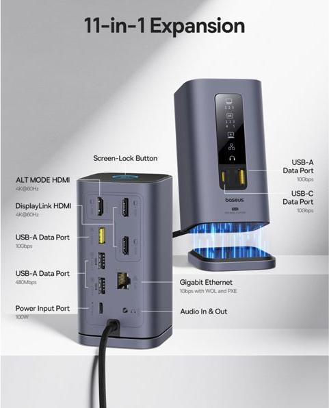 Actual product image Baseus Spacemate Series 11-in-1 (MAC) Docking Station, Grau (USB-C, 11 ports)