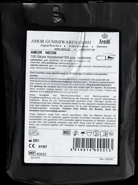 Produktbild Amor «Neon» – 100 fluoreszierende Kondome, 54 mm breit, leuchten im Dunkeln, befeuchtet (100 Stk.)