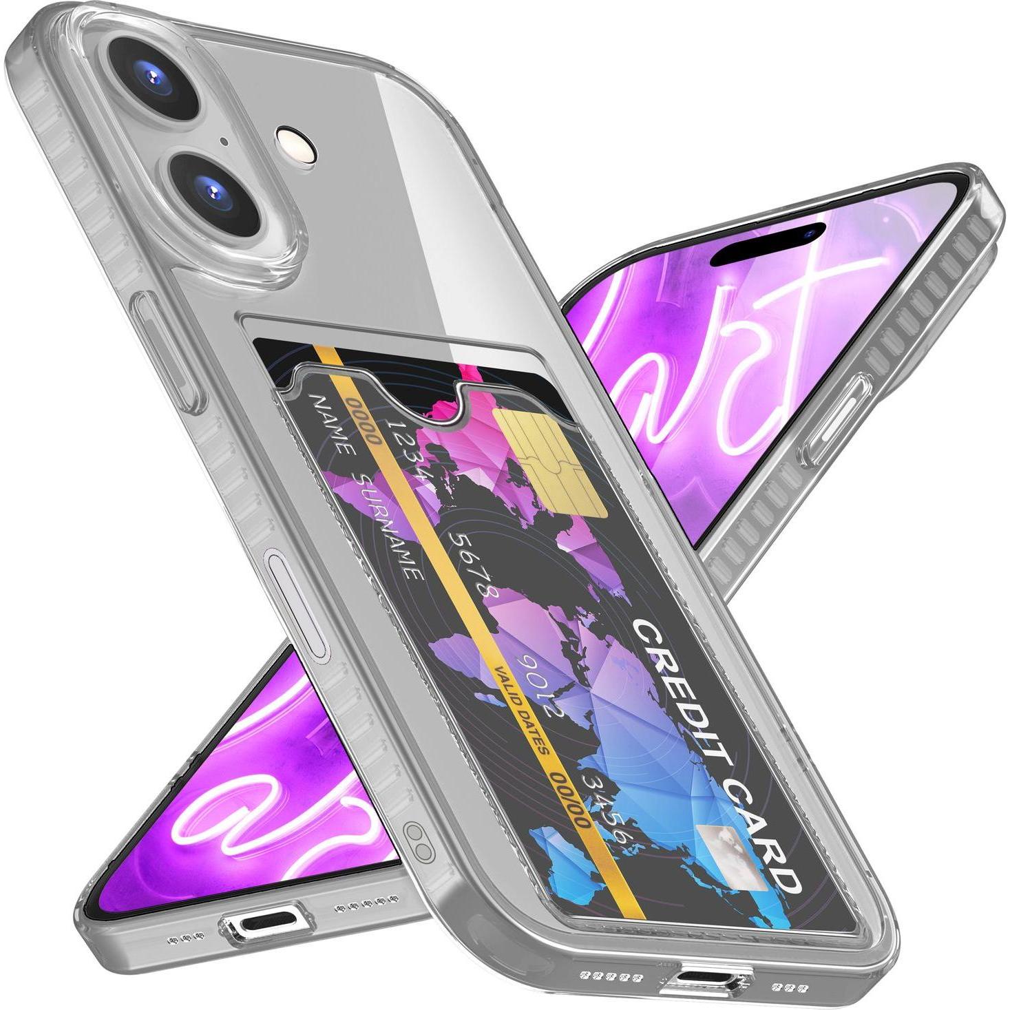 Nalia Klar Transparente Neon Silikon Hülle Kartenhalter (Apple iPhone 16), Smartphone Hülle, Grau