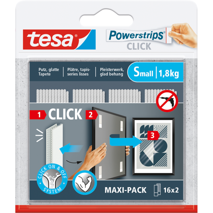 Immagine prodotto tesa Powerstrips CLICK - Cuscinetti adesivi in velcro - Appendi quadri senza forare - Piccolo 1,8kg - 16 (20 mm)
