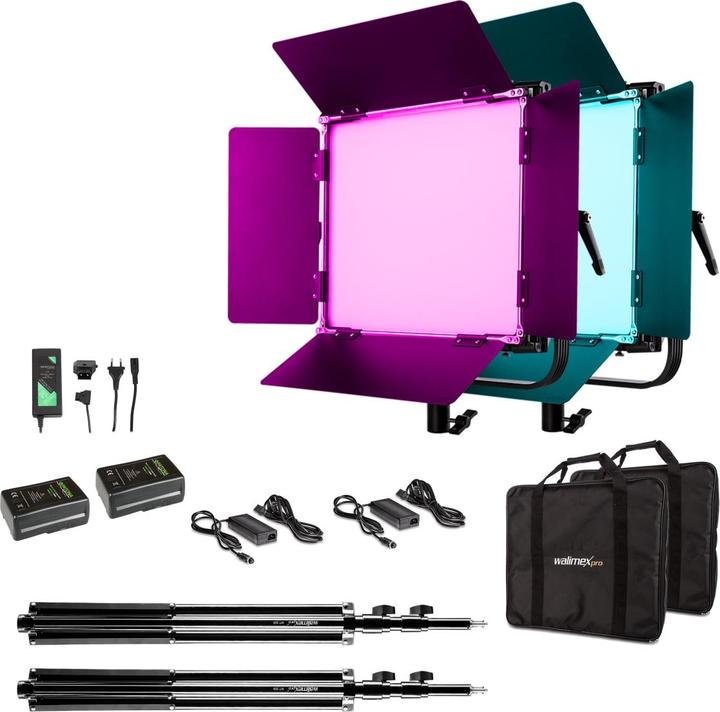 Produktbild Walimex pro pro 23069 LED Rainbow 100W RGBWW Set 4 (2x Rainbow 100W, 2x Lampenstativ GN-806, 2x V-Mount Akku... (Flächenleuchte, Studioleuchte, Videoleuchte)