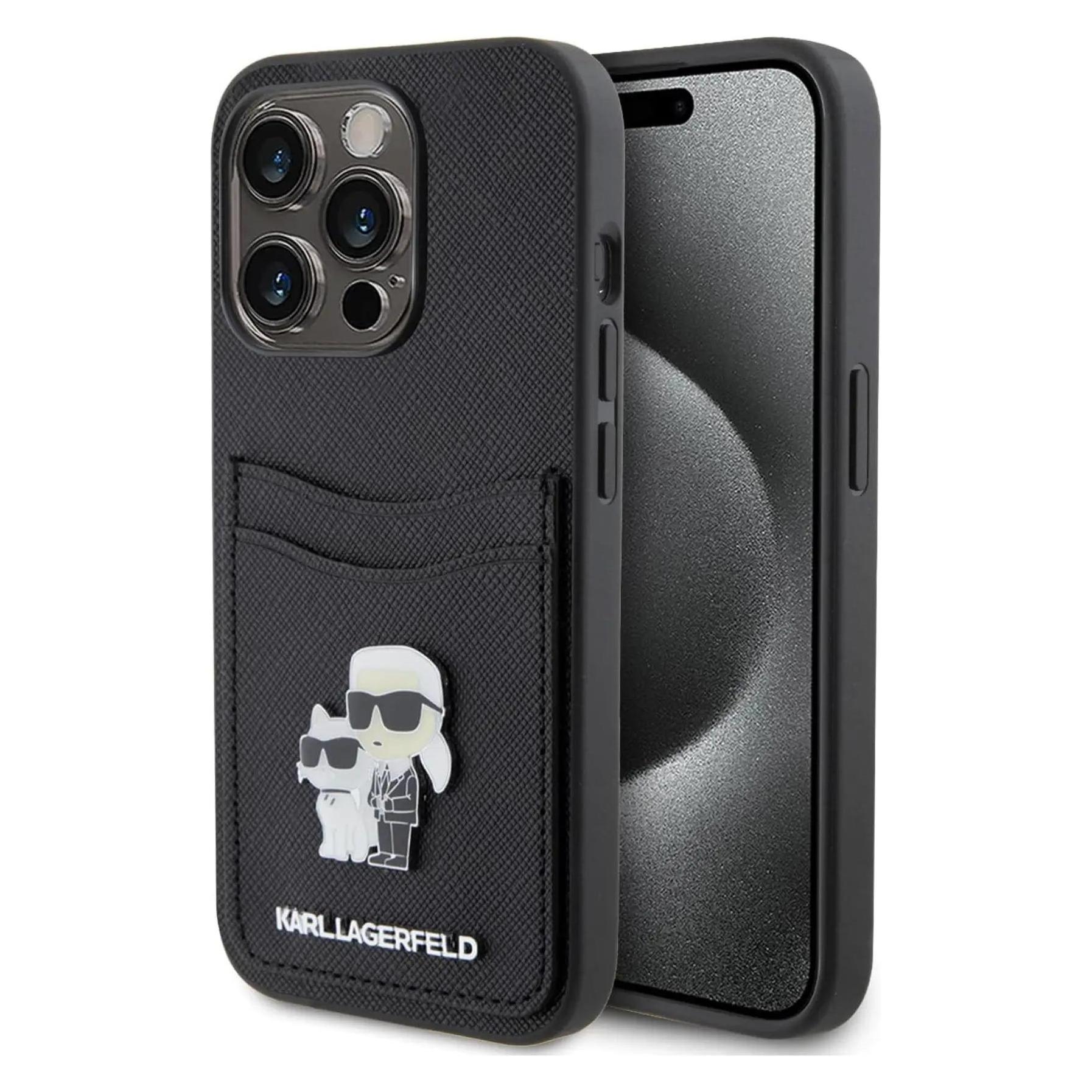 Karl Lagerfeld KLHCP15LSAPKCNPK IPhone 15 Pro 6.1" Czarny/black Hardcase Saffiano Cardslot Karl&Chou (Apple IPhone 15 Pro), Smartphone Hülle, Schwarz