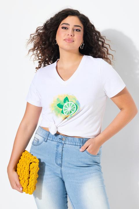 Image du produit Ulla Popken T-shirt motif citrons, manches courtes et décolleté en V, coupe évasée (42, 44)