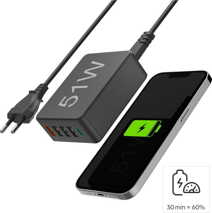 Actual product image Hama Quick charger 5 ports, 1x QC 3.0, 3x USB-A, 1x USB-C PD, 51 W, Black (51 W)