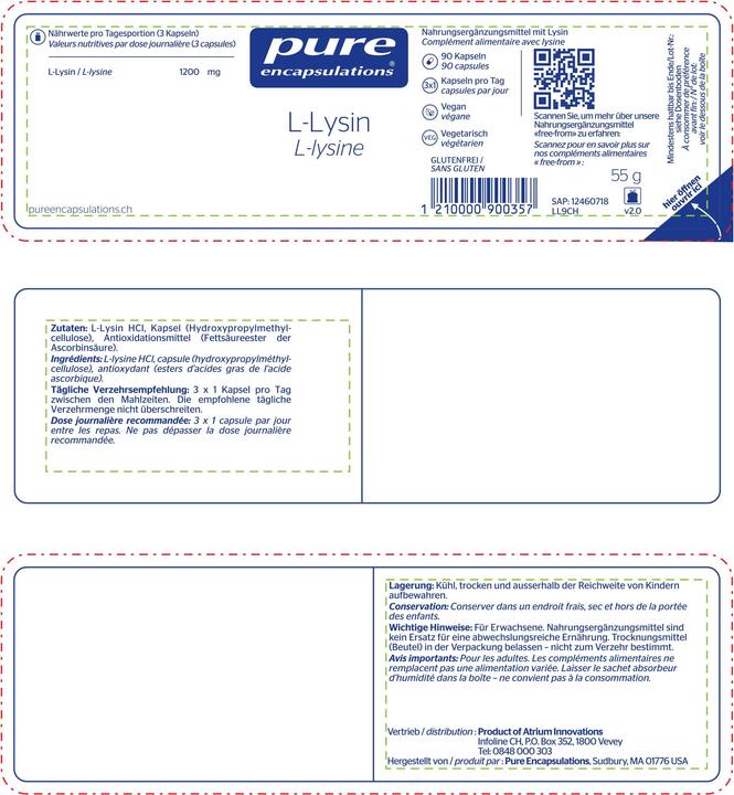 Valeurs nutritives et ingrédients Pure encapsulations L-Lysine (90 pcs, Capsules, 84 g)