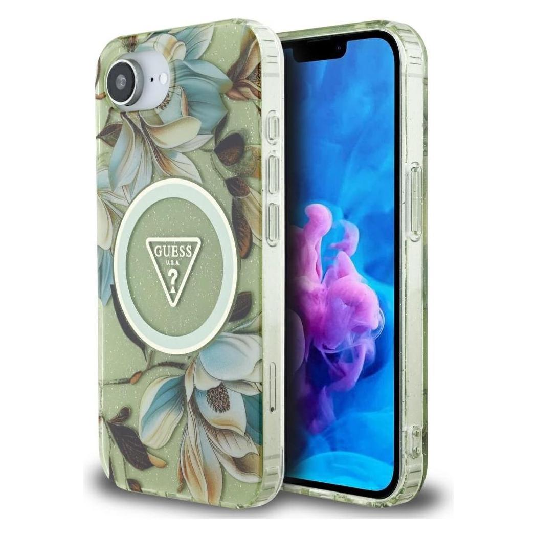 Guess Case Iml Metal Glitter Flowers Triangle MagSafe For IPhone 16e Green (Apple IPhone 16e), Smartphone Hülle, Grün