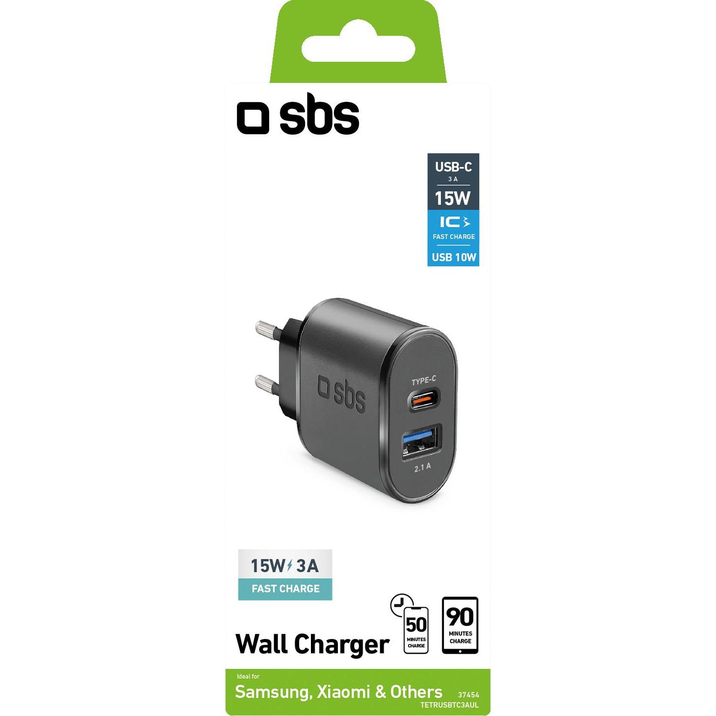 Thumbnail - SBS Reiseladegerät mit USB- und Typ C-Anschluss (22 W), USB Ladegerät, Schwarz