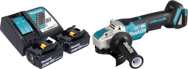 1x smerigliatrice angolare a batteria Makita DGA 520, 1x impugnatura laterale 36 cpl. (158237-4), 1x coperchio di protezione 125 mm (347618-9), 2x batteria ricaricabile Makita BL 1850 B 18 V 5.0 Ah, 1x caricabatterie Makita DC 18 RC