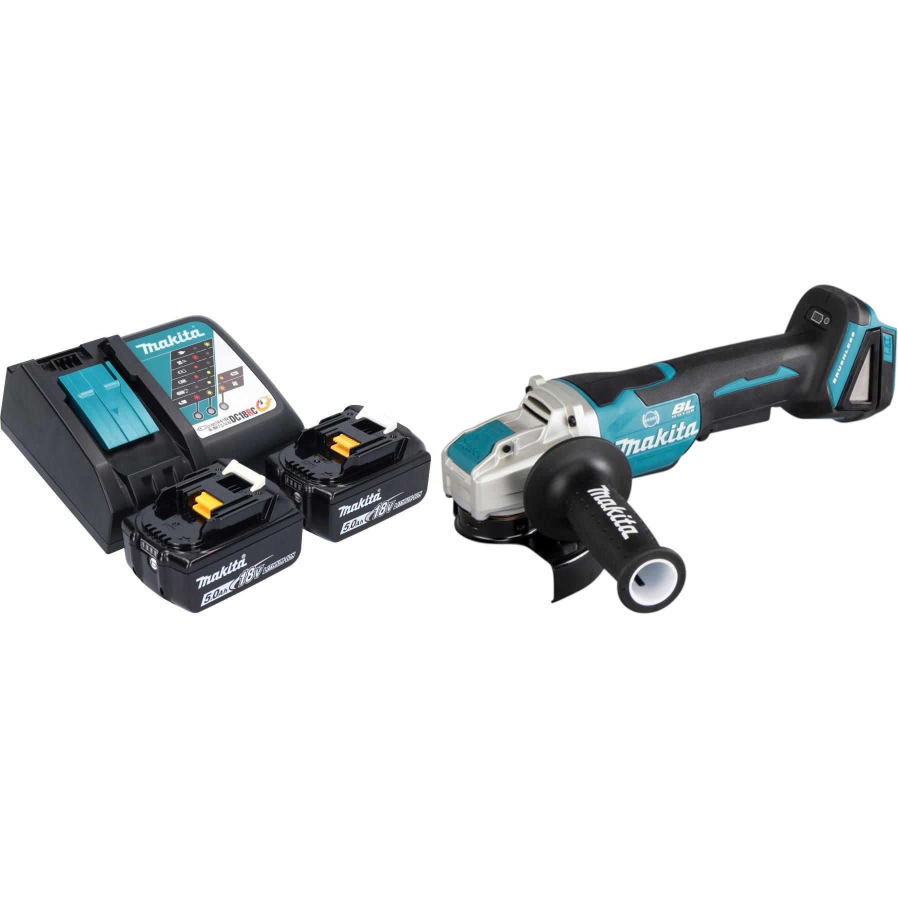 Makita, Winkelschleifer, DGA 520 RTX1 Akku Winkelschleifer 18 V 125 mm X-LOCK Brushless + 2x Akku 5,0 Ah + Ladegerät (12...
