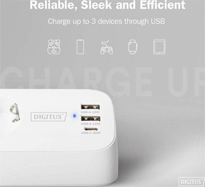 Productafbeelding Digitus 3-fach Office-Steckdosenleiste mit 2x USB-A und 1x USB-C Anschlüssen, Weiss (3x, CEE 7/3, USB-A, USB-C, 1.50 m)
