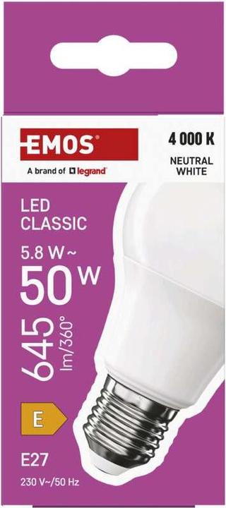 Image du produit Emos Lampe LED Classic A60 / E27 / 5,8 W (50 W) / 645 lm / Blanc neutre (E27, 5.80 W, 645 lm, 1 x, E)