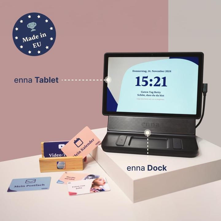 Image du produit Enna Tablet pour seniors avec dock et cartes, appels vidéo, albums photos, abonnement familial (WLAN uniquement, 10", Argent, Gris, Noir)