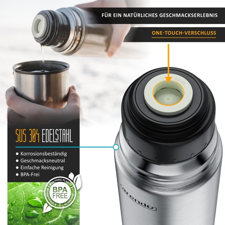 Produktbild Arendo Thermosflasche Isolierflasche auslaufsicher 1L, Edelstahl Trinkflasche 1000ml BPA-frei für Unterwegs (1 l)