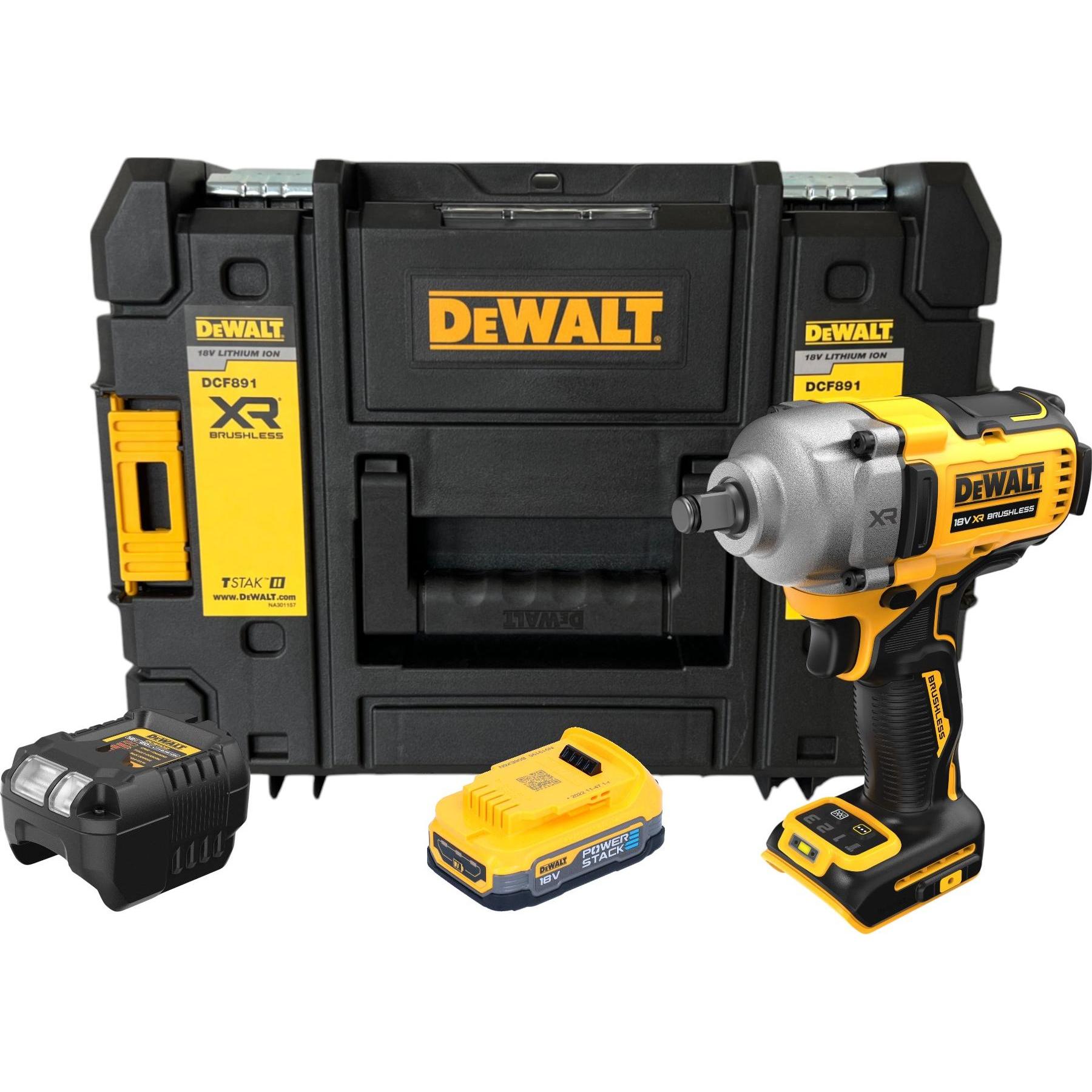 DeWalt, Bohrmaschine + Akkuschrauber, DCF 891 E1T Akku Schlagschrauber 18 V 1084 Nm 1/2" Brushless + 1x Powerstack Akku ...