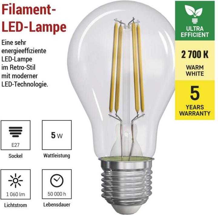 Etichetta energetica Emos Lampada LED a filamento A60 / E27 / 5 W (75 W) / 1 060 lm / Bianco caldo (E27, 5 W, 1060 lm, 1 x, A)