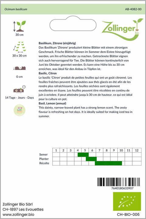Image du produit Zollinger Bio Basilikum, Zitronenbasilikum (einjährig) (Germes)