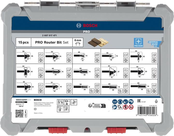Produktbild Bosch Professional Zubehör 15-teiliges Fräser-Set, 6-mm-Schaft für Handfräsen