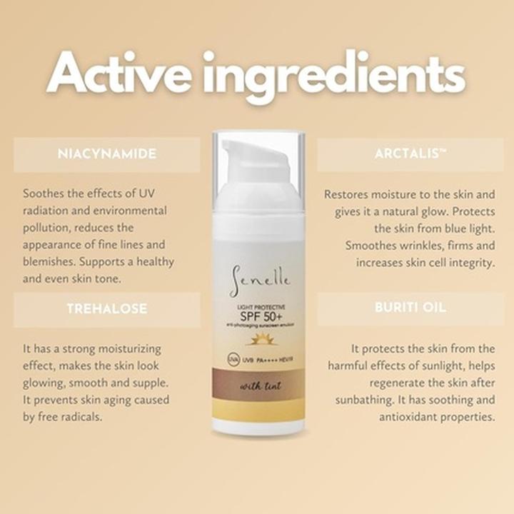 Actual product image Senelle Cosmetics Light Tinted Protective Cream SPF 50+ UVA UVB PA++++ HEV IR (Suntan cream, SPF 50+)